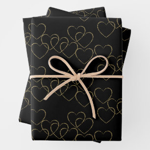 Elegante dekorative Herzklänge Gold und Schwarz Geschenkpapier Set