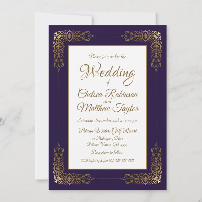 Elegante dekorative Hochzeit an der Lila und golde Einladung (Vorderseite)