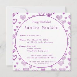 Elegante Dekorative Lila Hearts Geburtstagsparty Einladung