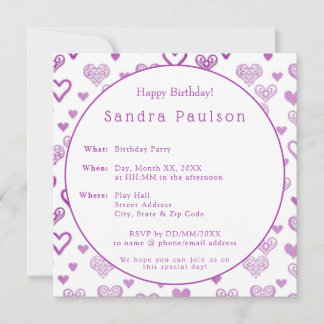 Elegante Dekorative Lila Hearts Geburtstagsparty Einladung