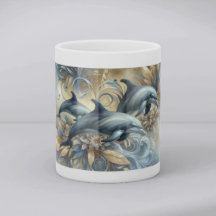 Elegante Delfine mit goldenen floralen Wellen