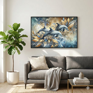 Elegante Delfine mit goldenen floralen Wellen Leinwanddruck