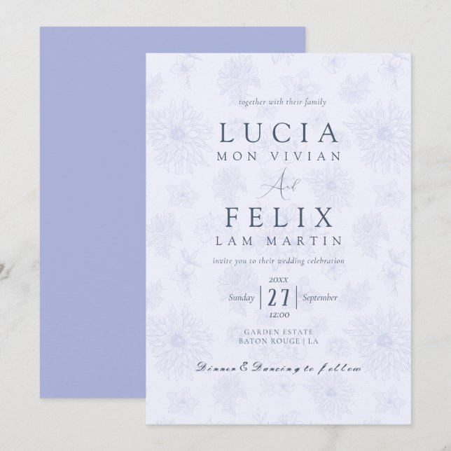 Elegante Delicate Dusty Blue Shadow Blumenhochzeit Einladung (Vorne/Hinten)