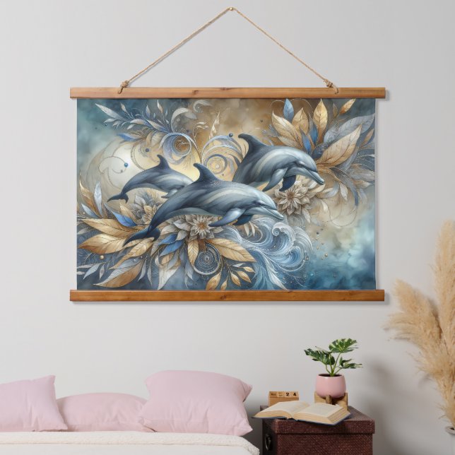 Elegante Delphine mit goldenen Blütenwellen Wandteppich Mit Holzrahmen (Schlafzimmer)
