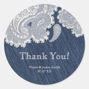 Elegante Denim-Jeans- und weiße Spitze Hochzeitskl Runder Aufkleber