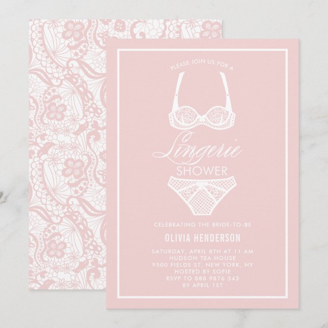 Elégante dentelle rose Lingerie Douche Invitation (Devant / Derrière)