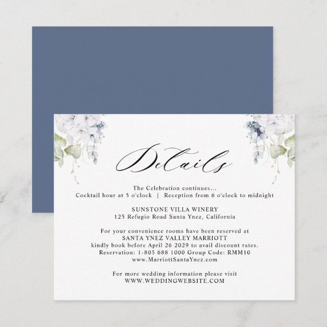 Elegante Details zu Hochzeiten in Weiß und Navy Begleitkarte (Vorne/Hinten)