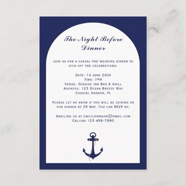 Elegante Details zur Arch Navy & White Nautical We Begleitkarte (Rückseite)