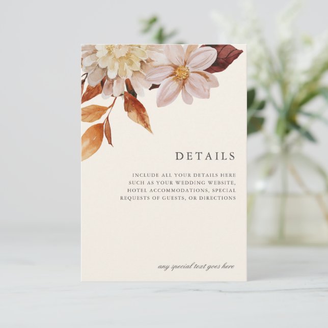 Elegante Details zur Blumenhochzeit im Herbst RSVP Karte (Stehend Vorderseite)