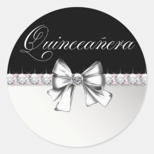 Elegante Diamant-Rosa-Schwarze-Quinceanera-Aufkleb Runder Aufkleber