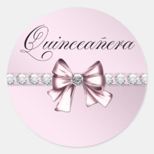Elegante Diamant-Rosa-Schwarze-Quinceanera-Aufkleb Runder Aufkleber