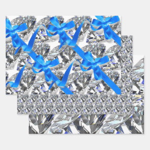 Elegante Diamanten und blaue Bogen Geschenkpapier Set