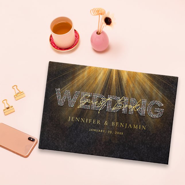 Elegante Diamond Black and Gold Diamond Wedding Gästebuch (Von Creator hochgeladen)