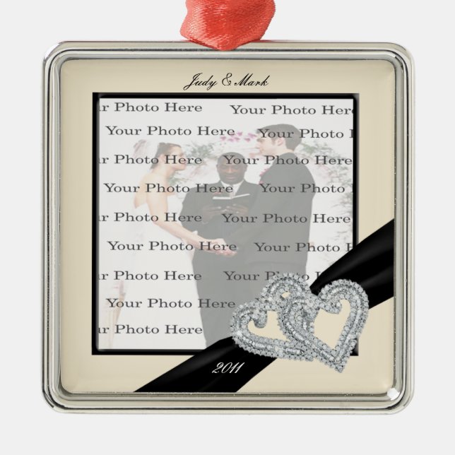 Elegante Diamond Black Ribbon SilverSquare Ornamen Silbernes Ornament (Vorne)