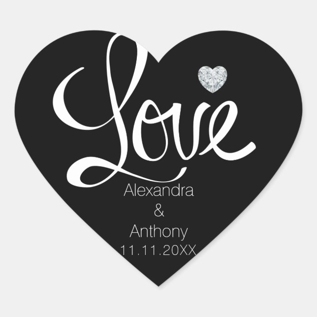 Elegante Diamond Heart LIEBE Black Wedding Siegel Herz-Aufkleber (Vorderseite)
