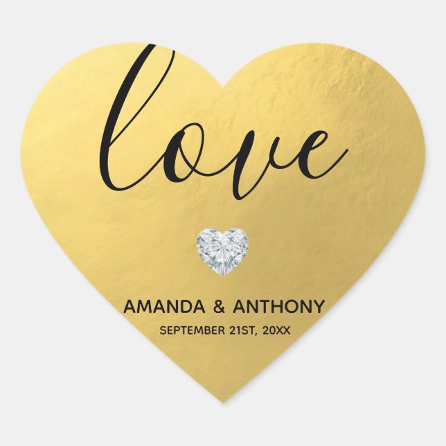 Elegante Diamond Heart LIEBE Goldene Foil Wedding  Herz-Aufkleber (Vorderseite)