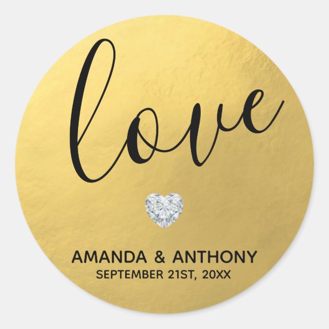 Elegante Diamond Heart LIEBE Goldene Foil Wedding  Runder Aufkleber (Vorderseite)