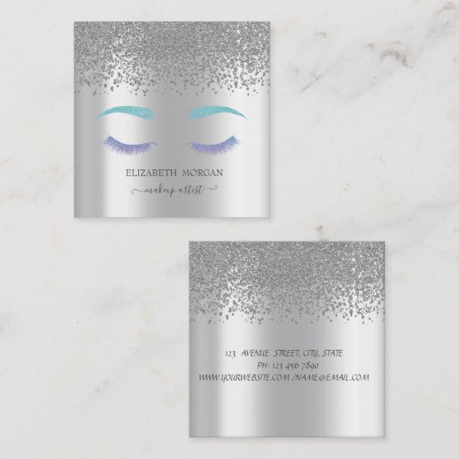 Elegante Diamonds Glitzer Imitate Lashes Silber Quadratische Visitenkarte (Vorne/Hinten)