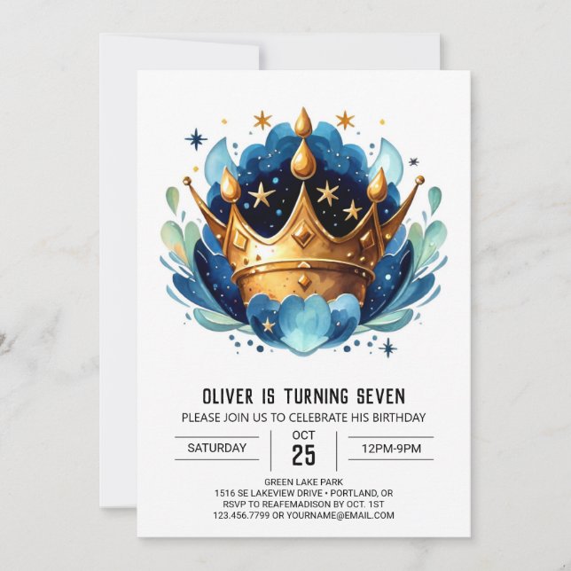 Elegante Digital Prince Crown Geburtstag Einladung (Vorderseite)