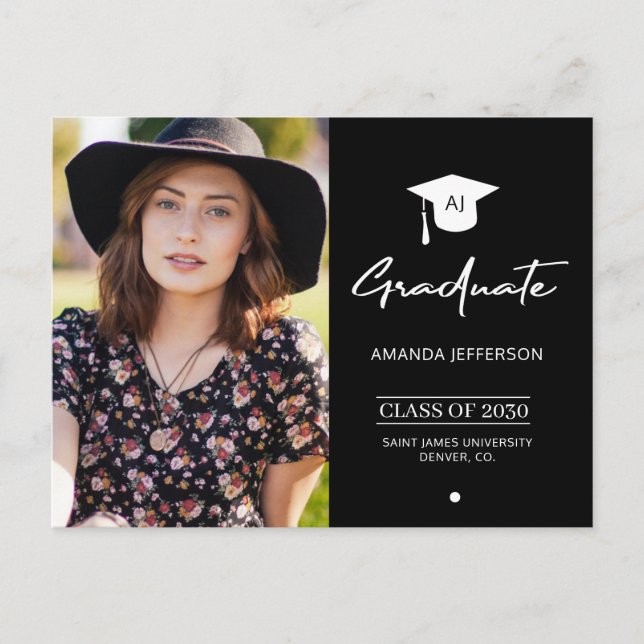 Élégante diplômée noir photo invitation de graduat (Devant)