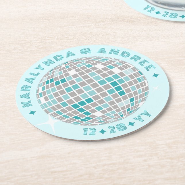 Elegante Disco Ball Aquamarin Runder Pappuntersetzer (Angewinkelt)
