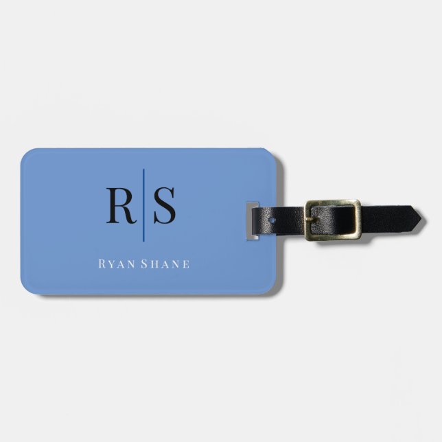 Elegante DIY Monogram Name & Info, Blue Schwarz-we Gepäckanhänger (Vorderseite horizontal)