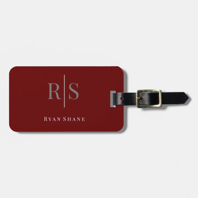 Elegante DIY Monogram & Name/Info, Deep Maroon/Gra Gepäckanhänger (Vorderseite horizontal)