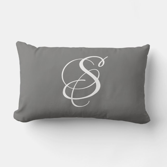 Elegante DIY White Script Monogram & Surname/Gray Lendenkissen (Vorderseite)