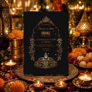 Elegante Diyas Schwarz und Gold Diwali Einladung