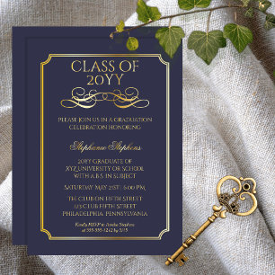 Elegante Dk blaue Universitäts-Abschlussfeier Gold Folieneinladung