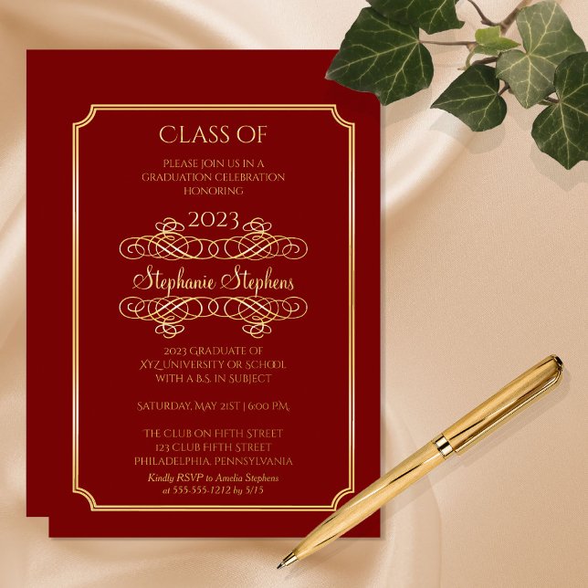 Elegante Dk Red University Graduation Party Gold Folieneinladung (Von Creator hochgeladen)