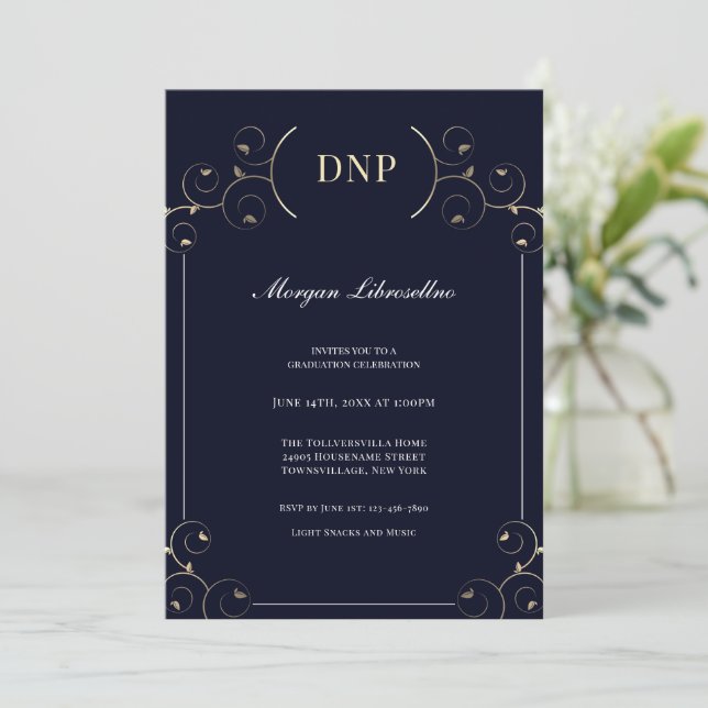 Elegante DNP Grad Gold Blue Graduation Party Einladung (Stehend Vorderseite)