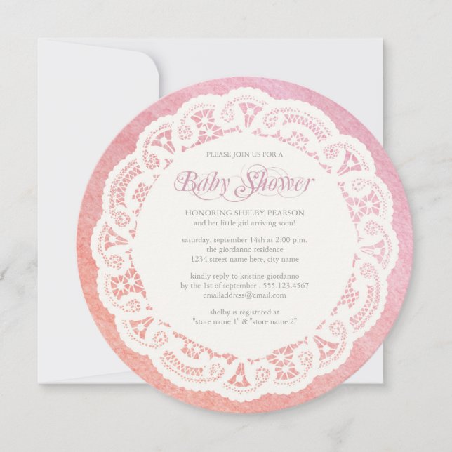 Elegante Doily-Babyparty-Einladung/rosa Koralle Einladung (Vorderseite)