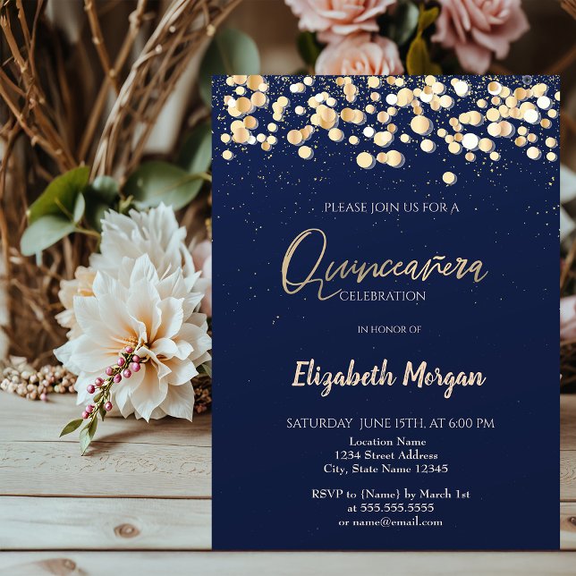Elegante Dots, Confetti Navy Blue Quinceañera Einladung (Von Creator hochgeladen)