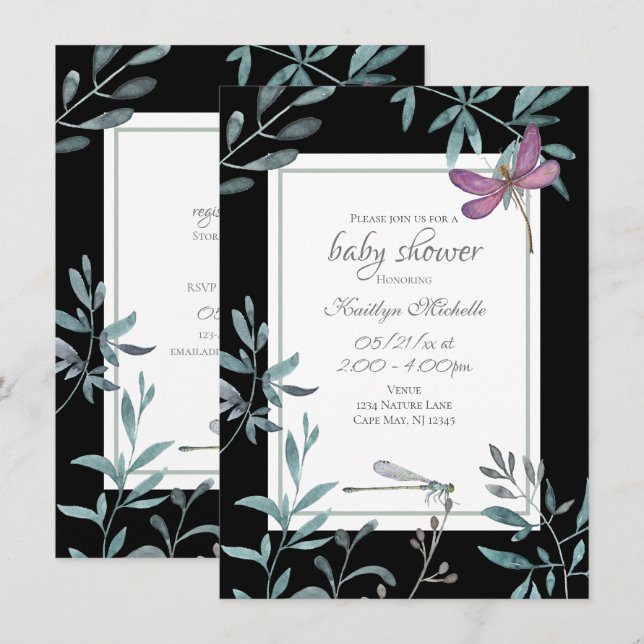 Elegante Dragonfly Garden Greenery Baby Shower Einladung (Vorne/Hinten)
