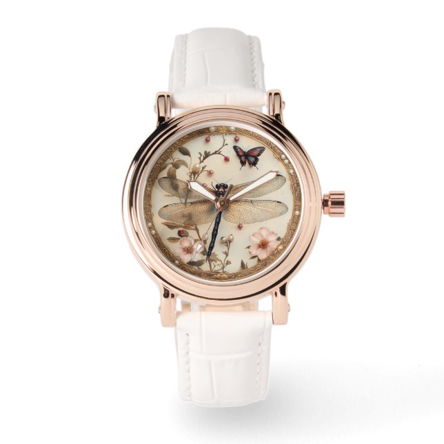 Elegante Dragonfly Schmetterlinge Rosa Blume Armbanduhr (Vorderseite)