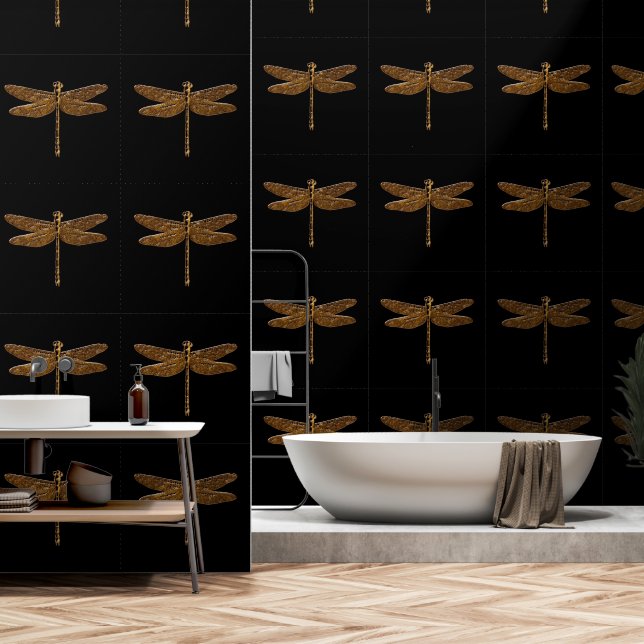 Elegante, dramatische Schwarz-Gold-Dragonfly-Fanta Tapete (Badezimmer)