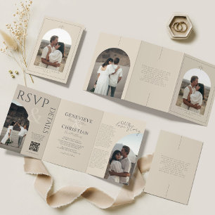 Elegante dreiteilige Hochzeitseinladung mit Fotos Dreifach-gefaltete Programmkarte