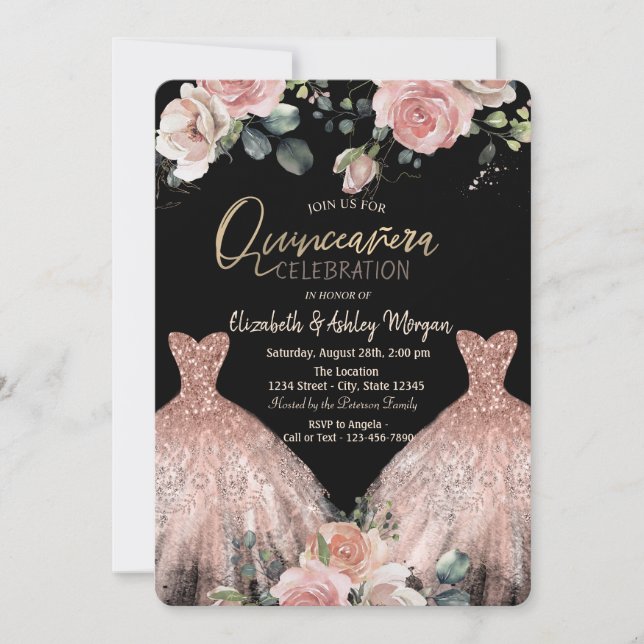 Elegante Dress Chic Rose Quinceanera Einladung (Vorderseite)
