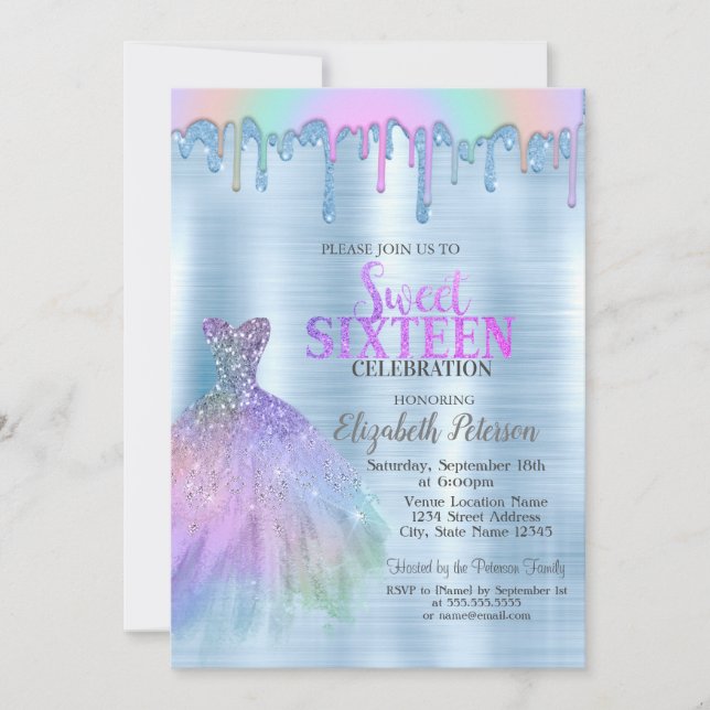 Elegante Dress Rainbow Tropfens Blue Metallic Einladung (Vorderseite)