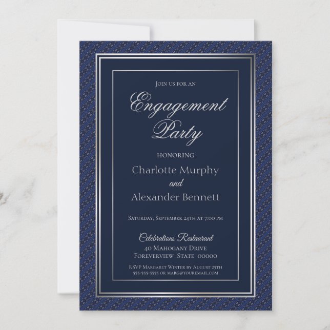 Elegante, dunkelblaue Silber-Grenzbeteiligungspart Einladung (Vorderseite)