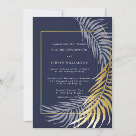 Elegante dunkelblaue und weiße tropische Hochzeit Einladung