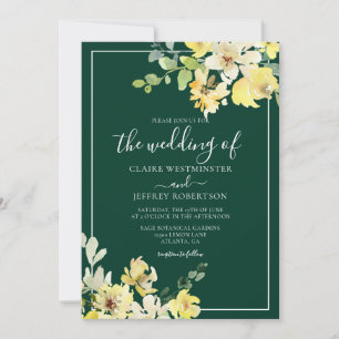 Elegante, dunkelgrüne, gelbe Blumengarten Hochzeit Einladung