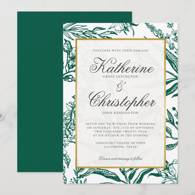 Elegante dunkelgrüne goldene Botanische Hochzeit Einladung (Vorne/Hinten)