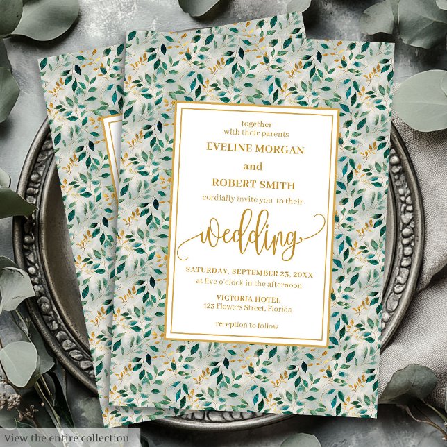 Elegante dunkelgrüne Goldfoliage Einladung zur Hoc (Elegant Dark Green Gold Foliage Wedding Invitation)