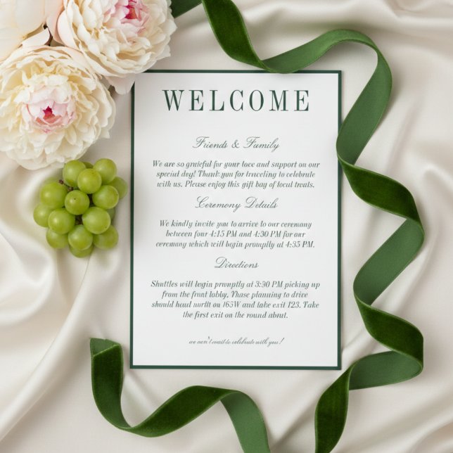 Elegante dunkelgrüne minimalistische Hochzeitsbegr Programm (Elegant Dark Green Minimalist Wedding Welcome Program)