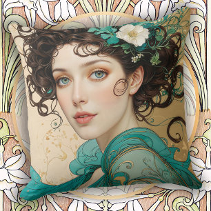 Elegante, dunkelhaarige Art Nouveau Frau Kissen