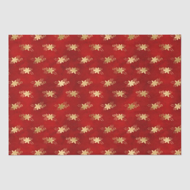 Elegante dunkelrote Goldfolie Poinsettias Weihnach Seidenpapier (Vorderseite)