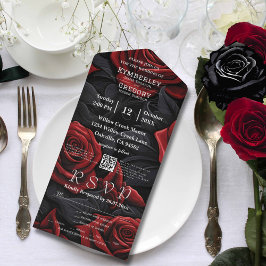 Elegante dunkelrote Gotische Rose auf schwarzem QR All In One Einladung