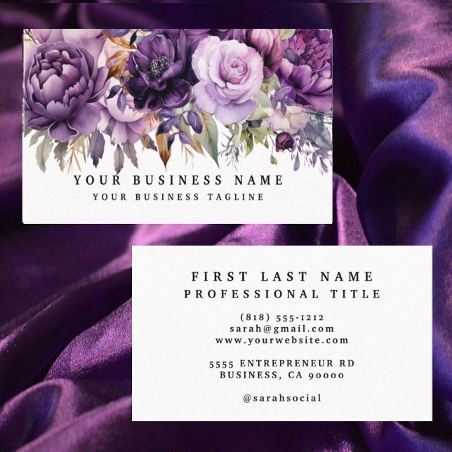Elegante, dunkelviolette Blumen Business Cards Visitenkarte (Von Creator hochgeladen)
